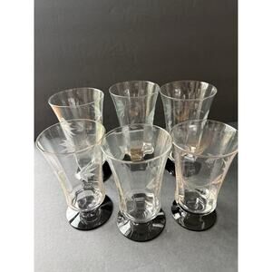 Vtg Weston Etched Black Base Sherbet Water Glasses Clear Glass Set 6 MCM Barware